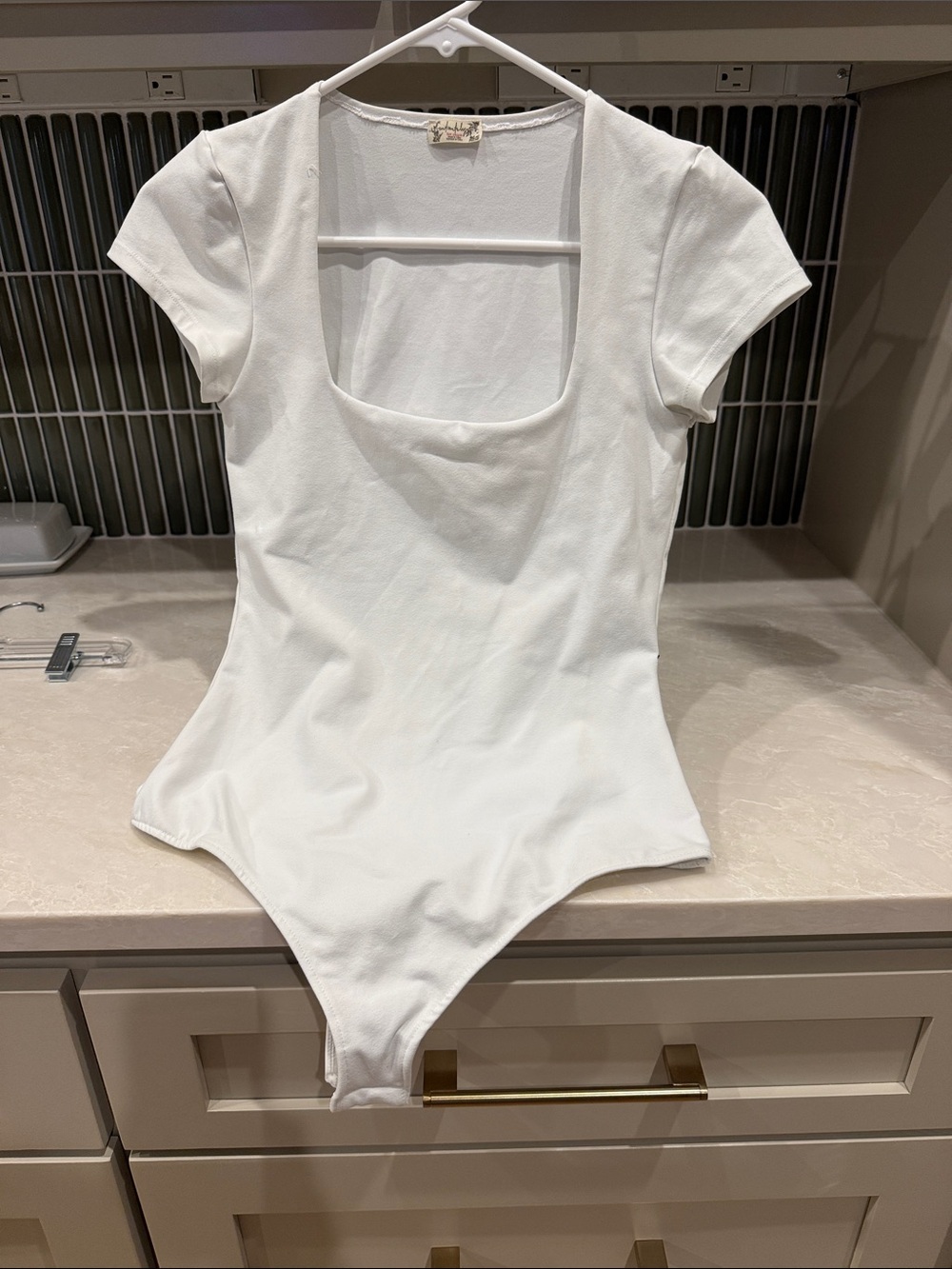 Free People White Scoop Neck Short Sleeve Bodysuit